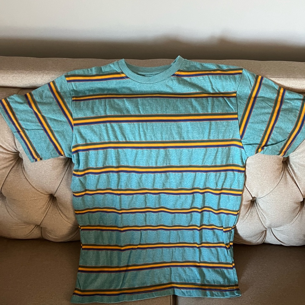 Teal, With Yellow, Green, & Royal Blue Striped, Short Sleeve, Crew Neck Tee